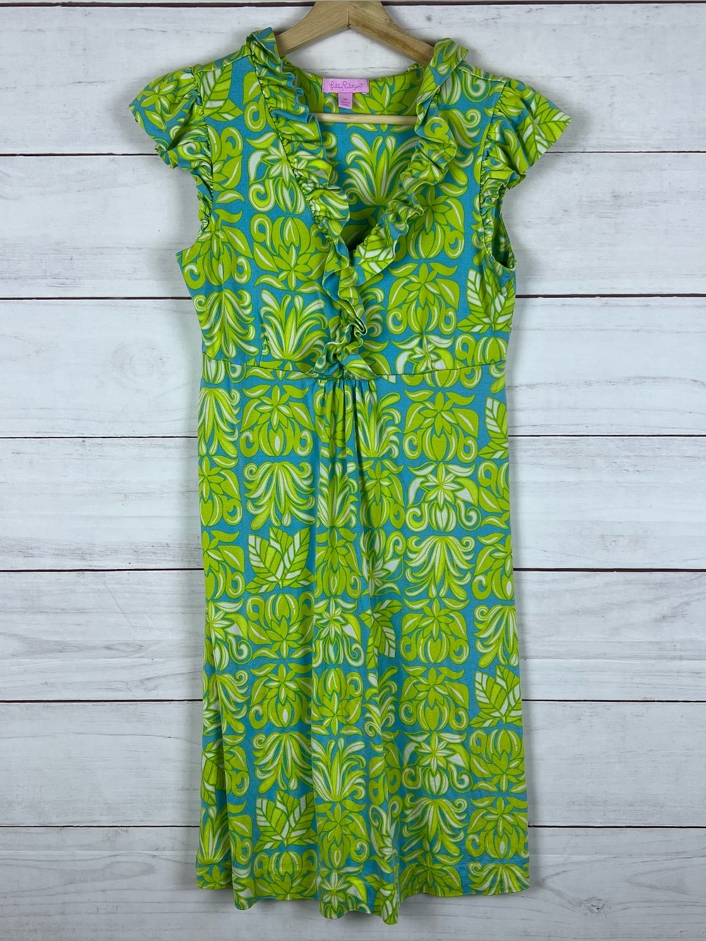 Lilly Pulitzer Sz XS Clare Cap Sleeve Ruffle Silk Jersey Dress Blue Green Floral